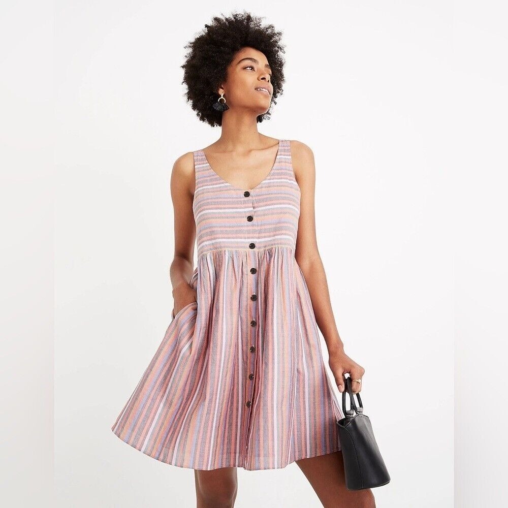 Madewell Tank Dress Size Small Scoop Neck‎ Rainbow Stripe Sleeveless Cotton